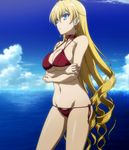  blonde_hair blue_eyes breasts claire_harvey cleavage highres hundred large_breasts long_hair red_bra screencap solo standing stitched summer underboob 