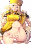  bangs banned_artist barefoot blonde_hair blue_eyes blurry breasts fay_(fay_axl) feet flower gloves guilty_gear guilty_gear_xrd hair_tucking hand_in_hair hat head_tilt large_breasts long_hair long_sleeves looking_at_viewer md5_mismatch millia_rage no_legwear panties parted_lips pov_feet sitting smile solo swept_bangs toenails toes underwear very_long_hair white_background white_gloves white_panties yellow_hat 