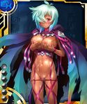  blue_hair blush breast_grab breasts cape card_(medium) cum cum_on_body dark_skin hair_over_one_eye large_breasts nasara_(taimanin_asagi) navel nipples sasayuki taimanin_asagi_battle_arena 