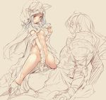  1girl animal_ears blush breasts cape ears_through_headwear granblue_fantasy guided_penetration hetero hooded naked_cape naoise navel nipples partially_colored penis scathacha_(granblue_fantasy) sex silver_hair simple_background sketch small_breasts sweatdrop vaginal zanzi 