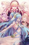  back-to-back blonde_hair blue_hair camilla_(fire_emblem_if) covered_mouth detached_collar detached_sleeves dress dual_persona elise_(fire_emblem_if) female_my_unit_(fire_emblem_if) fire_emblem fire_emblem_if hair_over_one_eye hairband highres jewelry leon_(fire_emblem_if) long_hair mamkute marks_(fire_emblem_if) my_unit_(fire_emblem_if) open_mouth ox-miruku pendant pink_hair profile red_eyes smile strapless strapless_dress tiara veil very_long_hair white_dress yellow_eyes 