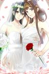  alternate_costume arm_around_back arm_around_waist armpits bangs black_hair blue_eyes bouquet bridal_veil brown_eyes brown_hair camel000 collarbone commentary double_bun dress flower grey_hair grin hair_bun hair_flower hair_ornament hand_on_another's_hip haruna_(kantai_collection) head_wreath holding holding_bouquet holding_flower jewelry kantai_collection kongou_(kantai_collection) long_hair looking_at_viewer multiple_girls necklace pearl_necklace petals purple_eyes red_flower red_rose ring rose rose_petals smile strapless tiara veil wedding_band wedding_dress white_dress white_flower white_rose wife_and_wife yuri 