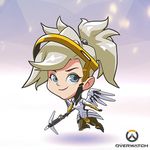 artist_request blue_eyes breasts chibi copyright_name full_body long_hair lowres mechanical_halo mechanical_wings medium_breasts mercy_(overwatch) official_art overwatch pantyhose ponytail smile solo staff wings 