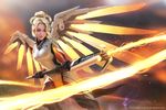 alex_negrea blonde_hair blue_eyes breasts cowboy_shot energy glowing glowing_wings high_ponytail highres holding light_smile lips looking_at_viewer mechanical_halo mechanical_wings medium_breasts mercy_(overwatch) nose overwatch pantyhose realistic short_hair solo spread_wings staff watermark web_address wings yellow_wings 