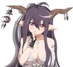  antenna_hair bandaged_arm bandages black_gloves black_hair breasts cleavage crescent danua draph dress fingerless_gloves gloves granblue_fantasy hair_between_eyes highres horn_ornament horns jewelry large_breasts long_hair looking_at_viewer momomi_patricia necklace pointy_ears red_eyes solo thumb_sucking white_background white_dress 