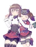  :d ^_^ bad_id bad_pixiv_id breast_grab brown_eyes brown_hair closed_eyes cnm flat_chest flat_chest_grab grabbing headband headgear kantai_collection multiple_girls open_mouth ryuujou_(kantai_collection) skirt smile taihou_(kantai_collection) twintails yuri 