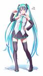  1girl aqua_hair aqua_nails bare_shoulders detached_sleeves flexing hard_translated hatsune_miku long_hair looking_at_viewer muscle nail_polish necktie pose shirt skirt smile solo thighhighs translated twintails very_long_hair vocaloid white_background wokada zettai_ryouiki 