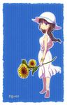  alternate_costume arm_at_side arm_behind_back artist_name bangs barefoot blue_background blue_bow blue_ribbon border bow braid brown_eyes brown_hair closed_mouth clothes_writing dress eyelashes flower from_behind full_body hat hat_bow hat_ribbon holding holding_flower juushimatsu's_girlfriend long_hair looking_at_viewer looking_back mizuiri number osomatsu-kun osomatsu-san ribbon sash shade signature single_braid sleeveless sleeveless_dress smile solo standing striped striped_background sun_hat sundress sunflower vertical-striped_background vertical_stripes white_border white_dress white_hat wristband 