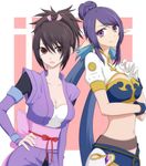  black_hair blue_hair breasts brown_eyes cleavage cleavage_cutout crossover fujibayashi_shiina gloves hair_bun hand_on_hip highres japanese_clothes judith large_breasts long_hair looking_at_viewer medium_breasts midriff multicolored_hair multiple_girls open_mouth pointy_ears purple_eyes purple_hair short_hair short_ponytail smile tales_of_(series) tales_of_symphonia tales_of_vesperia tara_(ffix589) twintails two-tone_hair very_long_hair 