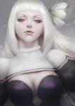  bangs bravely_default_(series) bravely_second:_end_layer breasts cleavage flower hair_flower hair_ornament half-closed_eyes highres lips long_hair looking_at_viewer magnolia_arch medium_breasts nostrils parted_lips red_eyes solo stanley_lau upper_body white_hair 