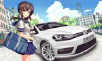  akagi_(kantai_collection) bag black_hair brown_eyes car cellphone chinese fubuki_(kantai_collection) german_flag ground_vehicle headphones highres kantai_collection long_hair low_ponytail motor_vehicle phone standing tianyu_jifeng volkswagen volkswagen_golf 