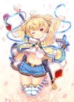  ;) andira_(granblue_fantasy) animal_ears arms_up bangs barefoot bell belt blonde_hair blue_ribbon blue_shorts blush breasts capura_lin cleavage closed_mouth crop_top crop_top_overhang diamond_(shape) erune eyebrows eyebrows_visible_through_hair full_body fur_trim gradient gradient_background granblue_fantasy hairband highres hood hood_down hooded_jacket jacket jewelry jingle_bell jumping long_sleeves looking_at_viewer midriff monkey_ears monkey_tail navel no_shoes one_eye_closed over-kneehighs petals pom_pom_(clothes) red_eyes ribbon ring rope short_hair shorts small_breasts smile solo staff stomach striped striped_legwear tail tail_bell tail_ribbon thigh_gap thighhighs toeless_legwear two_side_up upshirt white_background 