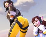  3d animated animated_gif ass ass_shake bodysuit breasts brown_eyes brown_hair d.va_(overwatch) facial_mark gloves goggles headphones hypnotic jacket jiggle long_hair multiple_girls overwatch shiny shiny_clothes short_hair skin_tight smile source_filmmaker spiky_hair tracer_(overwatch) yuri 