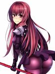  ass beeyan blush breasts embarrassed fate/grand_order fate_(series) highres huge_ass long_hair looking_at_viewer looking_back polearm red_hair scathach_(fate/grand_order) simple_background skirt very_long_hair weapon white_background 