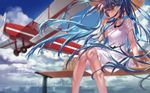  2016 aircraft airplane azomo biplane blue_eyes blue_hair cloud day dress floating_hair hat hatsune_miku highres long_hair looking_at_viewer propeller sitting sky solo straw_hat very_long_hair vocaloid 
