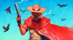  armor artist_name bird blue_sky brown_eyes brown_hair cigar commentary cowboy_hat crow day english_commentary gloves gun handgun hat highres looking_at_viewer male_focus mccree_(overwatch) nana_nakano overwatch pistol poncho red_eyes revolver sky smoke smoking smoking_gun solo upper_body wallpaper weapon western wind 