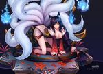  ahri all_fours animal_ears bangs bare_shoulders black_hair blue_fire braid breasts character_name cleavage closed_mouth copyright_name curry_bowl detached_sleeves fire fox_ears korean_clothes large_breasts leaf league_of_legends long_hair long_sleeves looking_at_viewer multiple_tails sash shoes single_braid smile solo swept_bangs tail tassel very_long_hair whisker_markings wide_sleeves yellow_eyes 