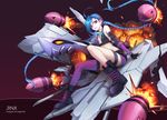  ahoge arm_support black_gloves blue_hair boots braid breasts bullet character_name copyright_name crack crop_top curry_bowl dutch_angle explosion fingerless_gloves fire floating_hair from_below full_body gloves grin hair_between_eyes hair_ornament jewelry jinx_(league_of_legends) league_of_legends light_particles long_hair looking_at_viewer midriff necklace purple_legwear purple_shorts sharp_teeth shorts single_thighhigh sitting sleeveless small_breasts smile smoke solo teeth thigh_strap thighhighs twin_braids very_long_hair 
