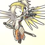  black_gloves black_legwear blonde_hair blue_eyes chibi full_body gloves high_ponytail holding long_hair mechanical_halo mechanical_wings mercy_(overwatch) mr_kunimitsu overwatch pantyhose simple_background smile solo staff white_background wings yellow_wings 
