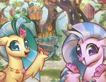  2019 absurd_res avian duo female feral friendship_is_magic hair hi_res hippogryph jewelry looking_at_viewer mirroredsea my_little_pony necklace outside princess_skystar_(mlp) silverstream_(mlp) smile tree village window 