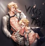  2boys abs against_wall blonde_hair blush brothers cum cum_on_body dramatical_murder erection glasses incest male_focus multiple_boys muscle necktie nipples pecs penis sakimichan suit sweat twins uncensored yaoi 