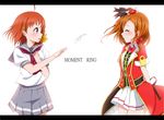  ahoge bokura_no_live_kimi_to_no_life braid closed_eyes clover_hair_ornament english feathers grin hair_ornament highres kousaka_honoka letterboxed love_live! love_live!_school_idol_project love_live!_sunshine!! multiple_girls orange_hair red_eyes rok_(rok69rock) school_uniform serafuku short_hair side_braid smile takami_chika tears uranohoshi_school_uniform 