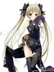  alternate_costume artist_request black_dress bow brown_eyes china_dress chinese_clothes dress elbow_gloves fan gloves hair_bow highres jpeg_artifacts kasugano_sora long_hair non-web_source solo stuffed_toy thighhighs twintails very_long_hair white_gloves white_hair yosuga_no_sora 