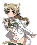  :d ahoge animal_ears blue_eyes blush bra braid breasts brown_hair cat_ears cat_tail cleavage collarbone dress_shirt green_legwear hair_ribbon highres large_breasts long_hair long_sleeves lynette_bishop navel necktie open_clothes open_mouth open_shirt panties ribbon shirt single_braid smile solo strike_witches striped striped_legwear tail thighhighs tokiani unbuttoned underwear world_witches_series 