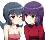  bangs bare_shoulders blue_hair blunt_bangs breasts cleavage dual_persona eye_contact hizuki_akira long_hair looking_at_another medium_breasts multiple_girls natsume_(pokemon) one_eye_closed pokemon pokemon_(game) pokemon_frlg pokemon_hgss purple_hair red_eyes shiny shiny_hair smile white_background 