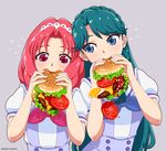  akagi_towa blue_eyes blue_hair blush eating egg food go!_princess_precure hamburger kaidou_minami long_hair mama_cure multiple_girls noble_academy_school_uniform precure red_eyes red_hair school_uniform sunny_side_up_egg tomato 