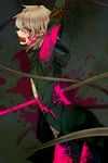  blood blood_on_face bloody_clothes bound bound_arms danganronpa death green_eyes highres hood hoodie horo_(hiyorimiism) impaled komaeda_nagito male_focus pink_blood solo spoilers stabbed super_danganronpa_2 tied_up weapon white_hair 