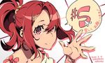  alternate_costume artist_name hair_ornament hairclip kiznaiver number off_shoulder ponytail red_eyes red_hair sakamoto_masaru shirt solo speech_bubble t-shirt takashiro_chidori tears upper_body 