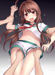  ahoge arm_grab breasts brown_eyes brown_hair commentary_request crying crying_with_eyes_open groping highres kantai_collection kuma_(kantai_collection) long_hair navel neckerchief neit_ni_sei open_mouth panties revision school_uniform serafuku shaking_head shorts small_breasts solo_focus tears underboob underwear 