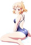  ass back bare_shoulders barefoot blush breasts brown_eyes brown_hair competition_swimsuit from_behind hair_ornament hairclip looking_at_viewer looking_back lydian_academy_swimsuit medium_breasts one-piece_swimsuit senki_zesshou_symphogear shiny shiny_clothes shiny_hair short_hair simple_background sitting smile solo swimsuit tachibana_hibiki_(symphogear) wariza water wet white_background zetsumu 