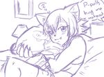  ? animal_ears artist_request between_breasts breasts claws dakimakura_(object) dog_ears dog_girl dog_tail english fang fang_out fangs fur furry kobold lamp large_hands medium_breasts messy_hair monochrome monster_girl monster_musume_no_iru_nichijou object_hug one-punch_man pillow polt saitama_(one-punch_man) short_hair sketch smile solo speech_bubble spoken_question_mark sportswear sweatband tail 
