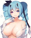  ? bad_id bad_twitter_id bare_shoulders blue_eyes blue_hair breasts collarbone covered_nipples drill_hair gloves hair_ribbon hand_on_own_chest heterochromia holding horns huge_breasts long_hair looking_at_viewer muryotaro open_clothes open_shirt original purple_eyes ribbon shirt solo upper_body white_background white_gloves 