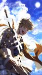  armor blonde_hair closed_eyes cloud daiki_(daikingairkgk) day granblue_fantasy highres lens_flare male_focus open_mouth sky smile solo vane_(granblue_fantasy) 