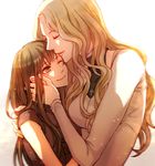  age_difference blonde_hair bodysuit breasts brown_hair clare_(claymore) claymore closed_eyes hands_in_hair hug medium_breasts multiple_girls one_eye_closed roukaku17 smile teresa_(claymore) white_background yuri 