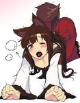  all_fours animal_ears blouse breasts brown_hair cleavage downblouse imaizumi_kagerou long_hair long_sleeves looking_at_viewer medium_breasts one_eye_closed open_mouth red_eyes shirt skirt solo stretch sweat tail taketora_suzume tears top-down_bottom-up touhou trembling white_blouse wide_sleeves wolf_ears wolf_tail yawning 