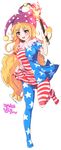  :d american_flag_dress american_flag_legwear bad_id bad_pixiv_id bangs blonde_hair blush breasts character_name clownpiece collar dress echizen_(hvcv) feet fire frilled_shirt_collar frills full_body hat heart highres jester_cap large_breasts long_hair looking_at_viewer neck_ruff no_shoes older open_mouth pantyhose polka_dot red_eyes short_dress short_sleeves simple_background smile solo standing standing_on_one_leg star striped striped_legwear teeth toes touhou very_long_hair white_background 