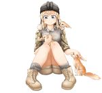  animal animal_on_lap animal_on_shoulder artist_request blonde_hair blue_eyes boots camouflage collar combat_boots fennec_fox full_body helmet highres knees_together_feet_apart night_vision_device operator-chan petting short_hair_with_long_locks short_shorts shorts sitting smile transparent_background 