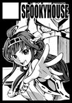  1girl ahoge autobot bare_shoulders comic cover cover_page crossover detached_sleeves double_bun doujin_cover greyscale hairband headgear japanese_clothes kamizono_(spookyhouse) kantai_collection kongou_(kantai_collection) long_hair mecha monochrome nontraditional_miko optimus_prime ribbon-trimmed_sleeves ribbon_trim smile transformers uniform upper_body 