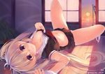  black_serafuku blonde_hair breasts brown_eyes crane food fruit kantai_collection long_hair lying md5_mismatch medium_breasts murasame_(kantai_collection) navel obiwan on_back panties panties_around_one_leg school_uniform serafuku shirt_pull skirt smile solo sunset twintails underwear watermelon white_panties wooden_floor 