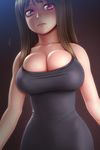  breasts brown_hair bursting_breasts cleavage highres horiishi_horuto huge_breasts long_hair looking_at_viewer md5_mismatch original purple_eyes skindentation solo undersized_clothes 