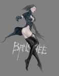  ass banshee_(warframe) black_hair black_legwear blue_eyes breasts character_name cleavage gloves grey_background highres ikeda_masateru large_breasts legs lips no_panties short_hair simple_background solo thighhighs thighs warframe 