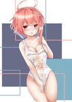  ahoge bad_id bad_pixiv_id bare_shoulders blush breasts cleavage collarbone commentary_request hair_ornament highres i-58_(kantai_collection) kantai_collection looking_at_viewer medium_breasts omoomomo open_mouth pink_hair plastic_bag_swimsuit red_eyes short_hair solo swimsuit textless twitter_username 