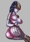 ass bad_id bad_pixiv_id blue_hair bodysuit breasts burakku-ra center_opening grey_background head_mounted_display high_ponytail highres large_breasts lips lying overwatch pink_bodysuit ponytail pout simple_background solo thighs widowmaker_(overwatch) yellow_eyes 