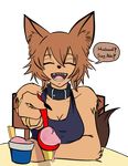  ^_^ absurdres animal_ears artist_request blush breasts brown_hair claws cleavage closed_eyes collar colorized dog_ears dog_tail english fang fangs food fur happy highres ice_cream jewelry kobold monster_girl monster_musume_no_iru_nichijou open_mouth polt ring sharp_teeth smile solo sports_bra sportswear tail tank_top teeth text_focus wedding_band wristband 