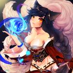  ahri animal_ears bare_shoulders black_hair breasts cleavage collarbone detached_sleeves facial_mark fox_ears fox_tail korean_clothes large_breasts league_of_legends light_smile long_hair looking_at_viewer maipou_(maihana) multiple_tails slit_pupils solo tail whisker_markings yellow_eyes 