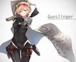  blonde_hair bodysuit djeeta_(granblue_fantasy) erect_nipples gloves granblue_fantasy gun headband nanahara_fuyuki short_hair skintight weapon yellow_eyes 